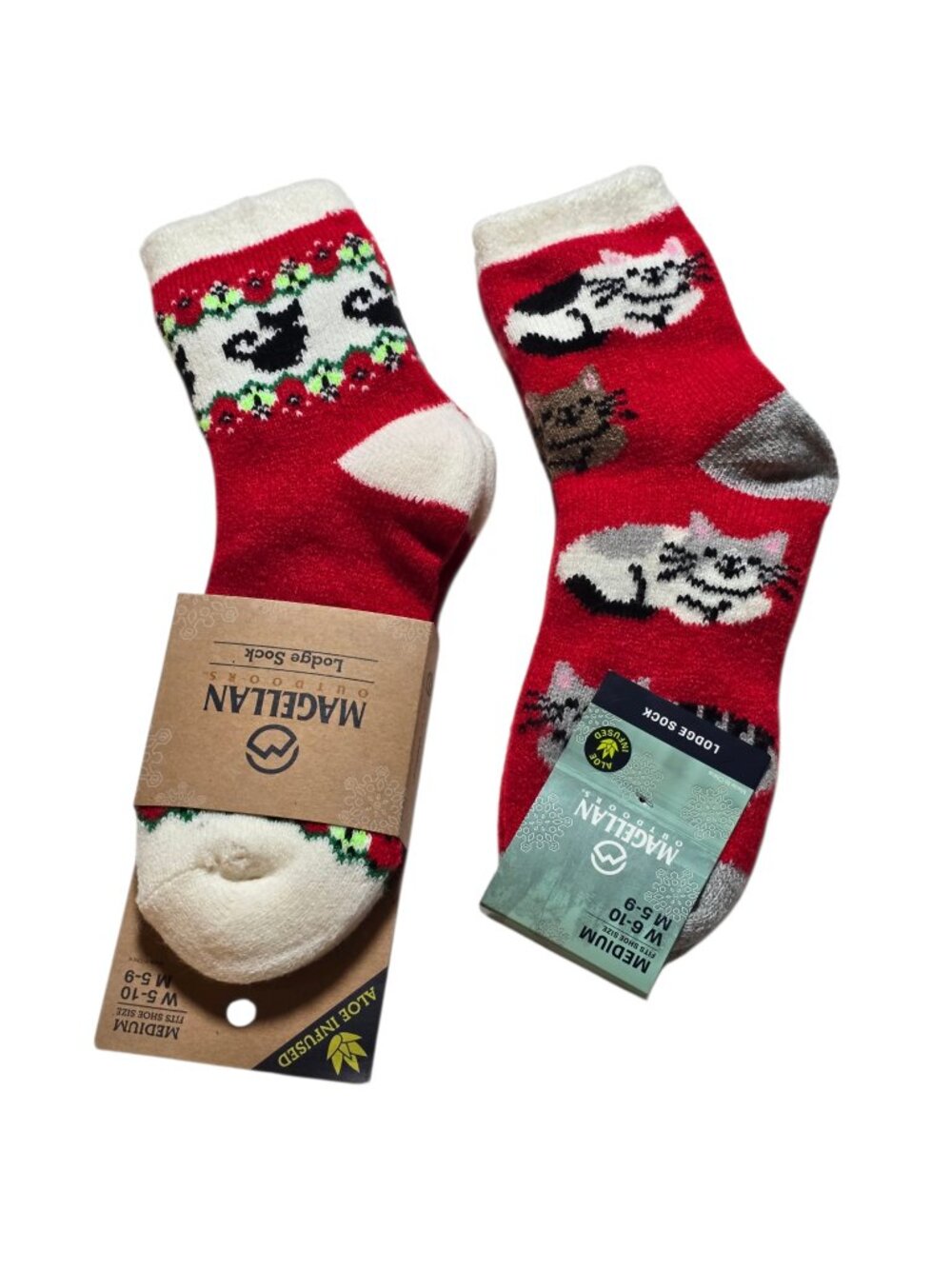 NWT Magellan Outdoors Cat Christmas Lodge Socks 2 Pair Red Cozy M 6-10
